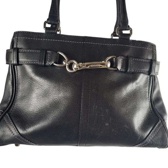 Coach Hampton Black Leather Satchel Top Double Handle Bag Dog Leash Clip F08A70 - Picture 5 of 15
